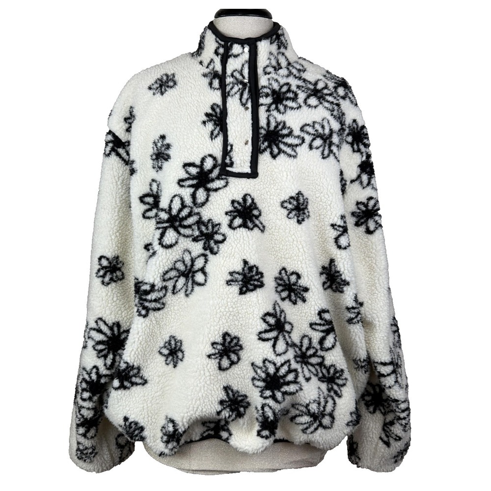 Parke Jacket Womens L/XL White Black Floral Sherpa Fleece Lined Snap Pockets